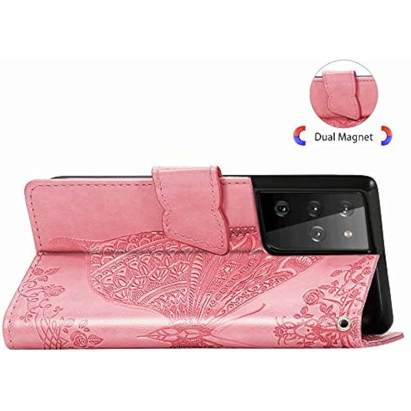 Samsung Galaxy S21 Ultra Wallet Case, 3D erfly Embossing Slim Flip PU Leather Phone Case Magnetic Closure Credit Card Slots Holder Cover for Samsung Galaxy S21 Ultra (Rhinestone Pink) HZD - Image 3
